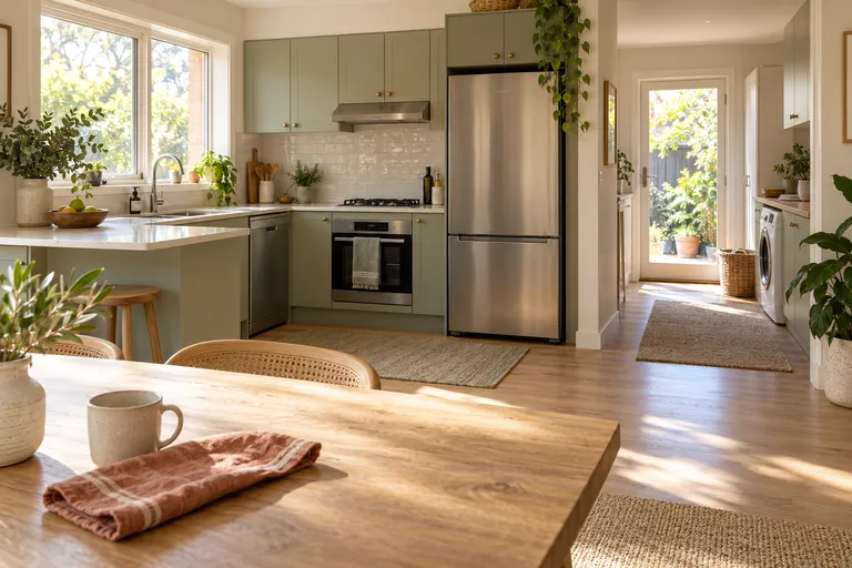 A sunlit home kitchen with closed appliances and a laundry nook beyond