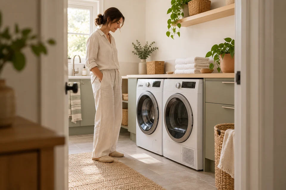 A resident observes the exterior of a closed washing machine and dryer in a calm laundry