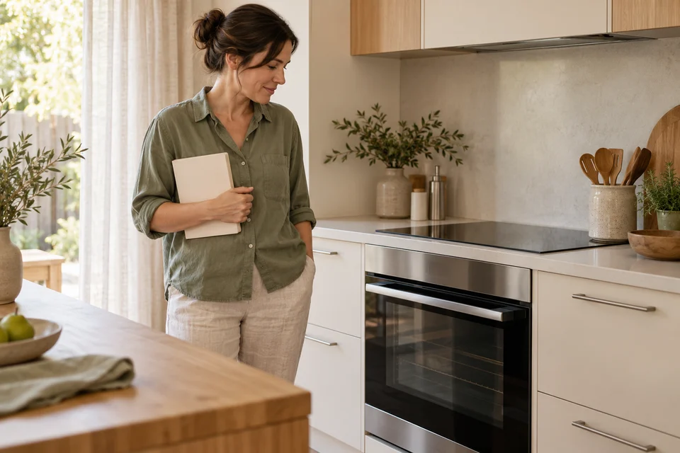 A resident holds a notebook beside a closed oven and switched-off cooktop