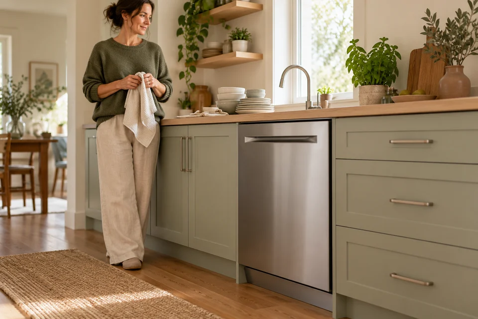 A closed dishwasher beneath a kitchen bench with clean dishes and a folded tea towel
