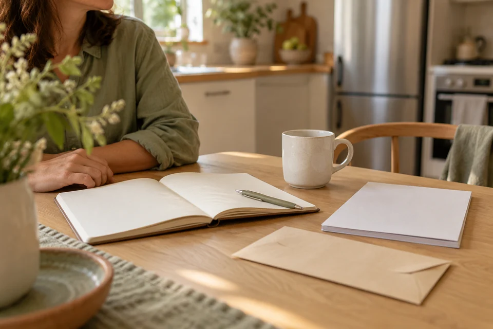 A blank notebook, pen, plain booklet and envelope ready on a kitchen table