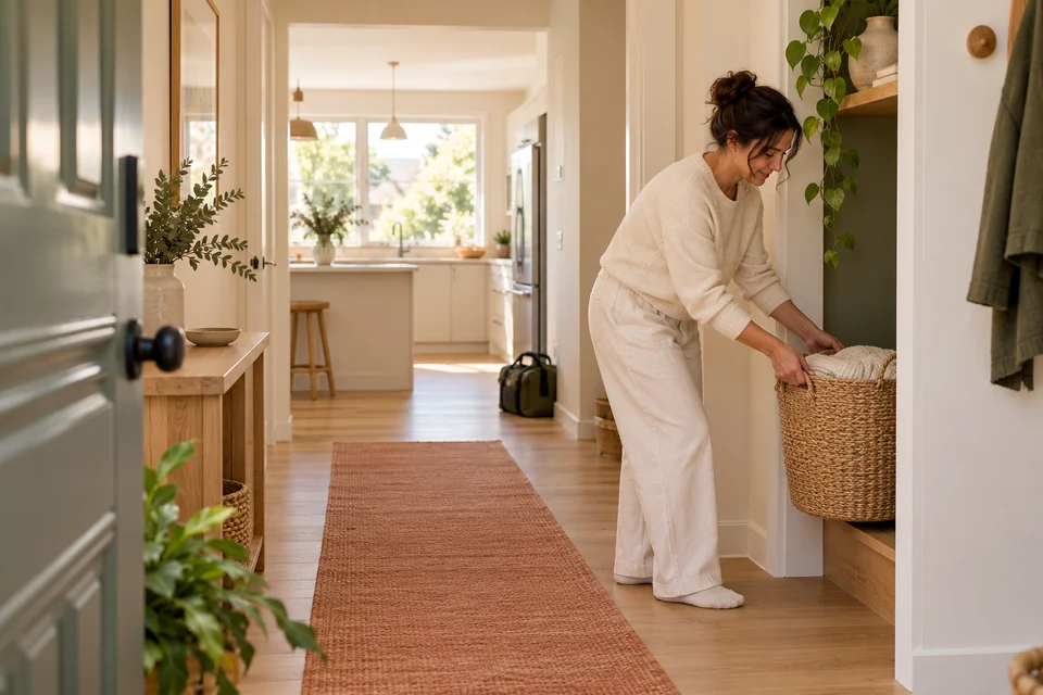 A resident moves a basket into an alcove to leave a clear hallway