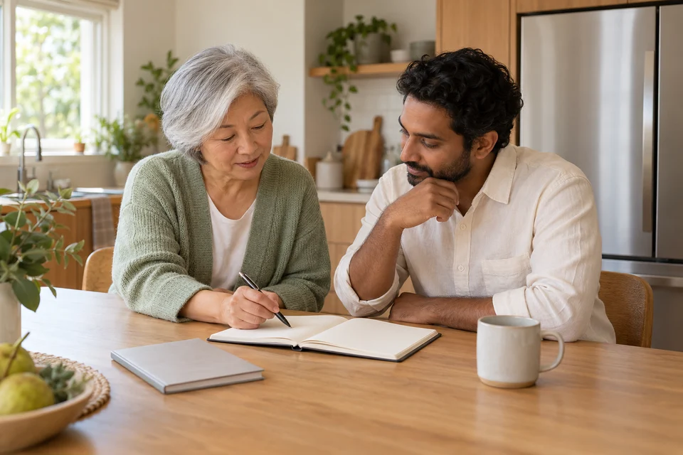 Two adults discuss a household note together at the kitchen table