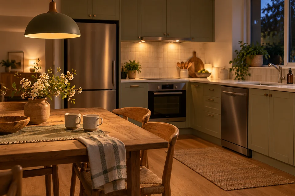 A quiet kitchen in the evening with closed appliances and two cups on the table